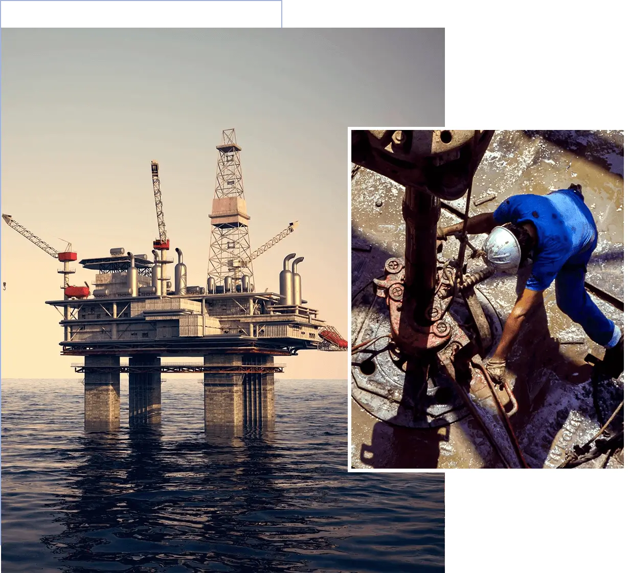 Oil rig platform in the ocean with worker handling equipment